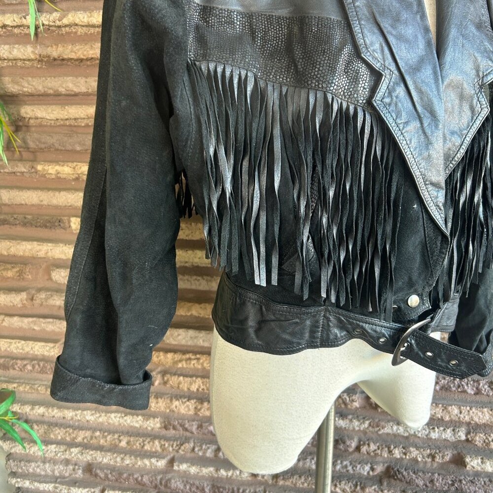 Winlit Vintage 80s Western Cowgirl Jacket Black Leather With Fringe - Picture 11 of 13